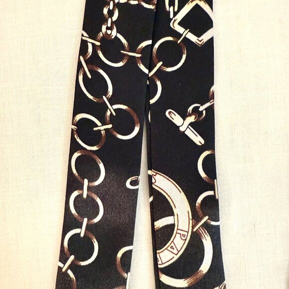 Black Chain Print Slim Silk Scarf Equestrian Glam Minimal Style No22 - Picture 4 of 8